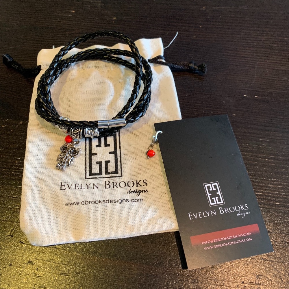 Evelyn Brooks Leather and Silver Owl Bracelet